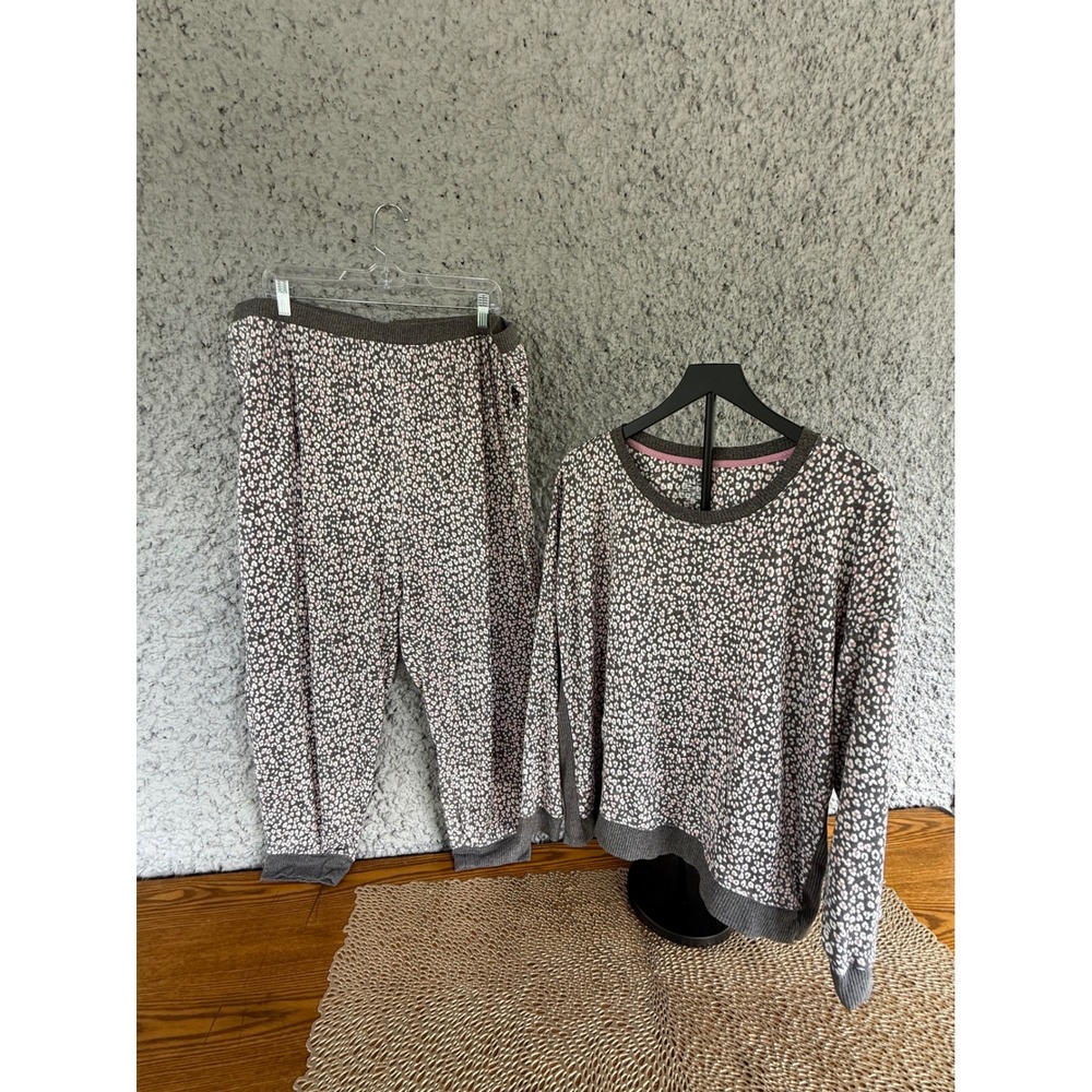 Cuddl Duds Womens XXL Pajama Set Gray Pink Leopard Print 2 Piece Loungewear